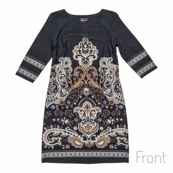 AB STUDIO Black Print Shift Dress Size 10 Stretch Knit Dress 3/4 Length Sleeves - Picture 3 of 10